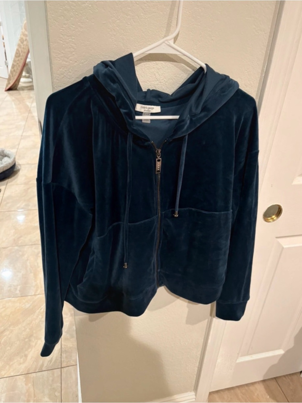 Cable & Gauge Velvet Zip Hoodie Jacket in Deep Navy